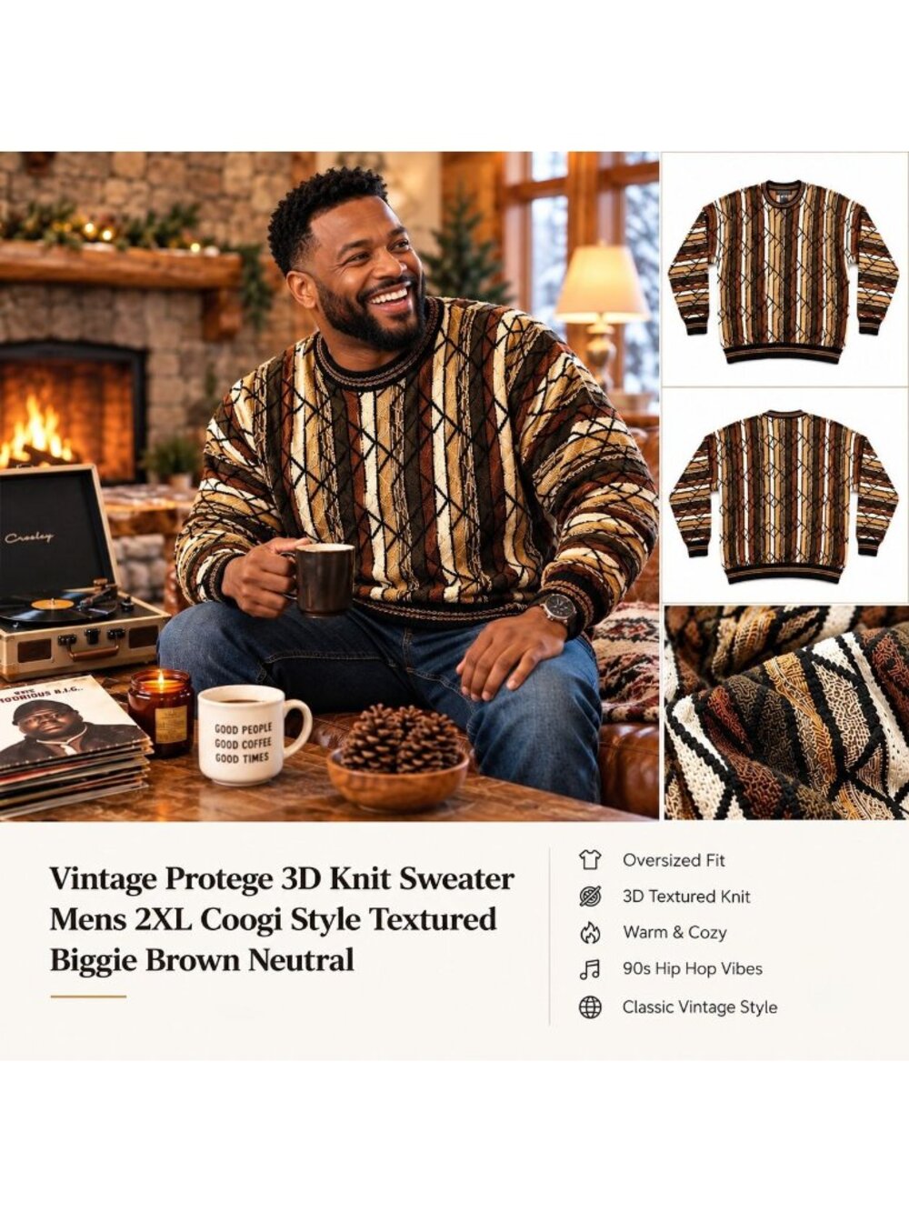 VTG Protege 3D Knit Sweater Mens 2XL Coogi Style Cosby Biggie Brown Textured USA